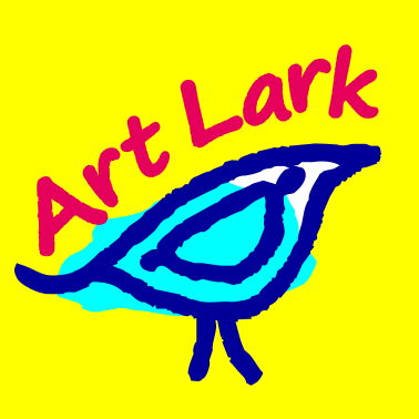 yellow background, blue bird in line art with the work ART LARK written on the back of the bird